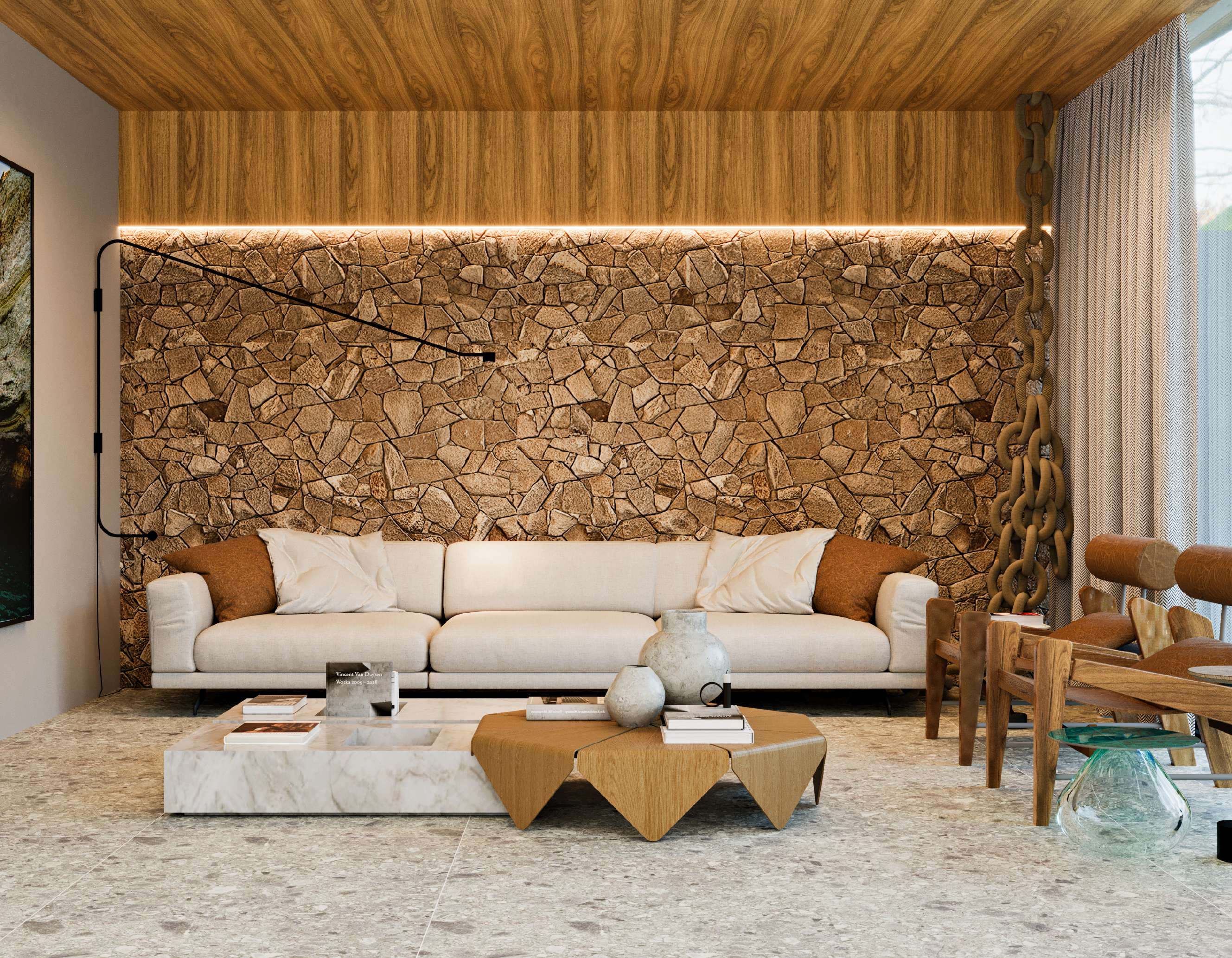 Hall de entrada Lagos Residencial - pedra natural e madeira, Torres RS