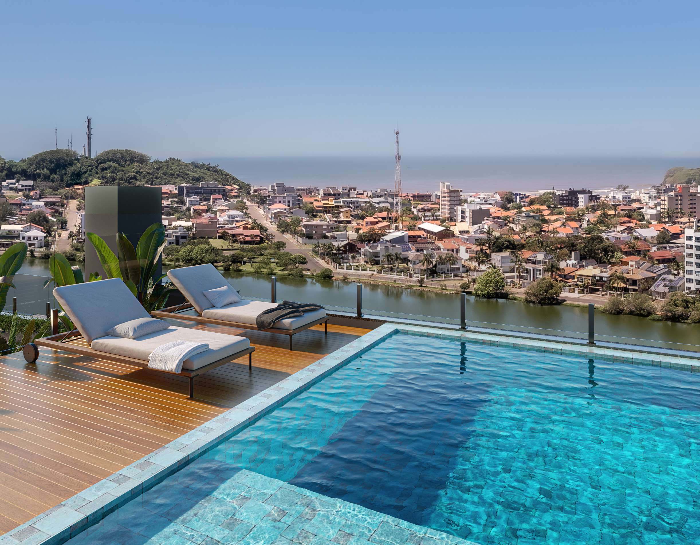 Rooftop com piscina aquecida e vista para lagoa e mar Lagos Residencial Torres